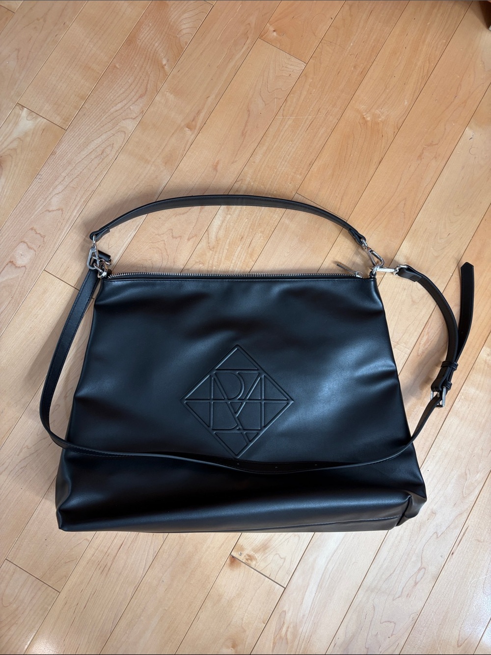 Black Leather Shoulder Bag with Embossed Logo